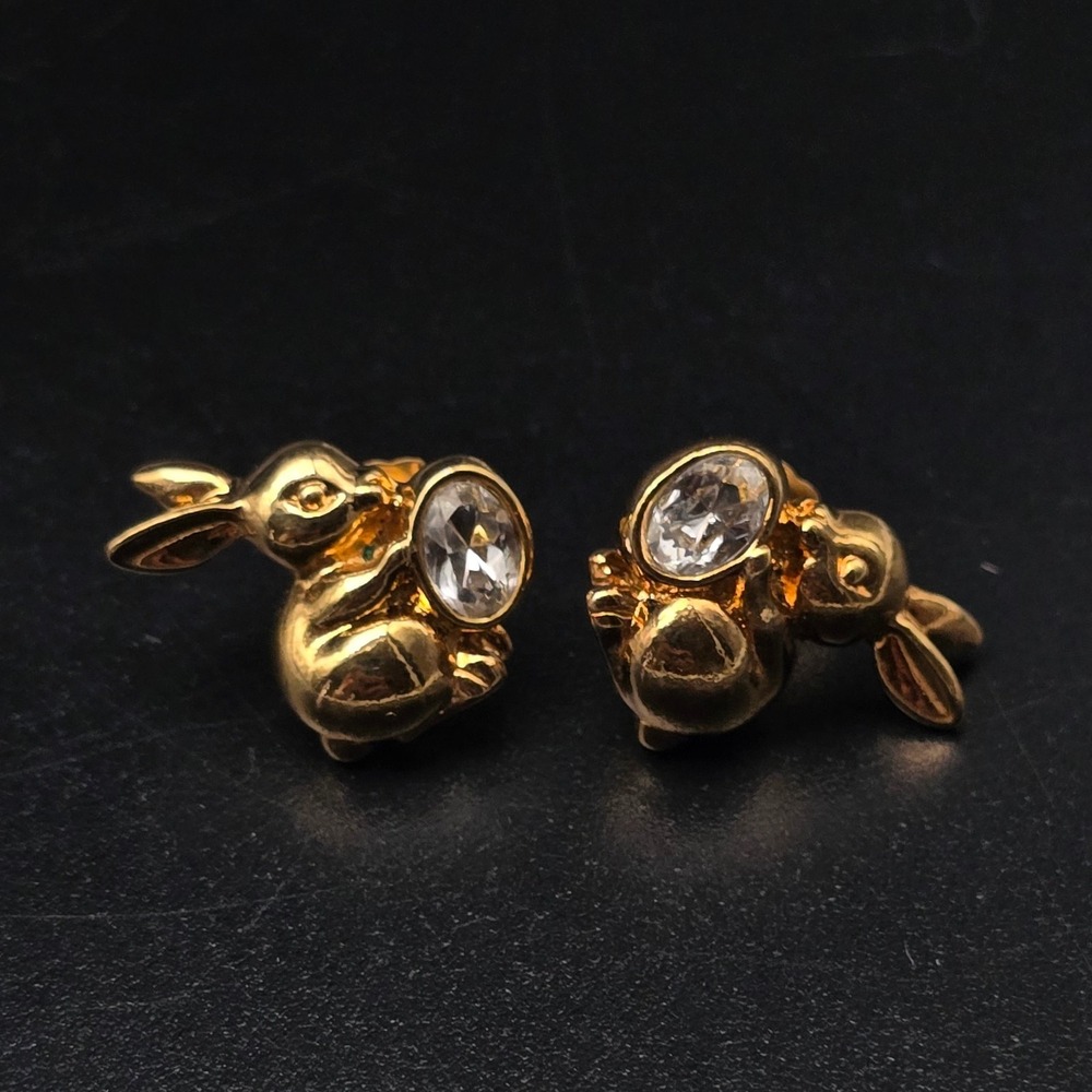 Avon 1993 Precious Bunny Earrings Gold Tone Rhinestone Studs Easter Rabbit
